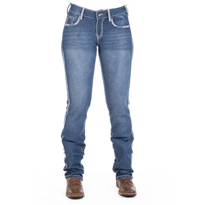 LEXINGTON MID RISE Boot Cut Jeans, 35 inch Leg. WHITE WASH WITH SILVER STITCH by Hitchley and Harrow SR2173