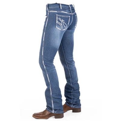 LEXINGTON MID RISE Boot Cut Jeans, 35 inch Leg. WHITE WASH WITH SILVER STITCH by Hitchley and Harrow SR2173