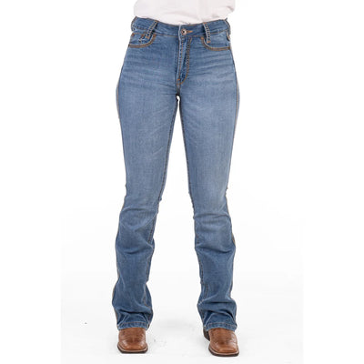 ARCADIA ULTRA HIGH RISE Boot Cut Jeans, 35 inch Leg. KHAKI & TAN MIX STITCH by Hitchley and Harrow SR2159